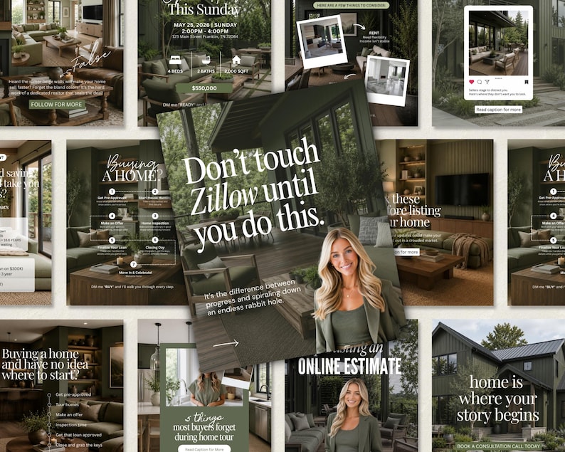 The image is a collage of various images related to real estate, including interior design, furniture, and a woman posing in a green outfit. The collage contains text and captions that provide information about the real estate services offered, such as online estimates and home tours. The overall layout and content suggest that the image is a promotional material for a real estate company, highlighting the importance of not touching the Zillow until you do this.