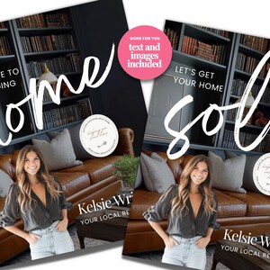 May include: Two promotional images for a real estate agent. One image says "Your Guide to Finding Home" and the other says "Let's Get Your Home Sold". Both images feature a woman in front of a brown leather couch.