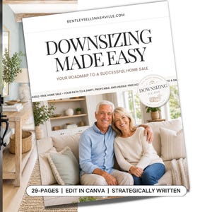 May include: A white and black guide titled "Downsizing Made Easy" with the text "Your Roadmap to a Successful Home Sale." The cover features a smiling couple. Additional text includes "29-Pages | Edit in Canva | Strategically Written."