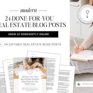 Könnte beinhalten: Ein Google Doc mit dem Text "24 Done-for-You Real Estate Website Blog Posts for the Entire Year" und dem Text "Over 24 blog post for you to copy & paste to help you save time and show up consistently online" auf weißem Hintergrund.