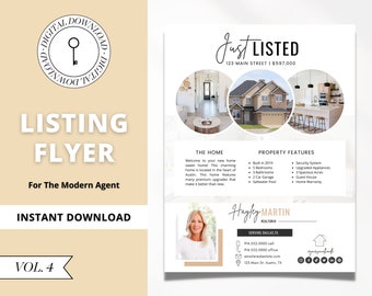 May include: A digital download listing flyer for real estate. The flyer features the text "Just Listed" with a home photo, property details, and contact information for Hayley Martin, Realtor. The flyer is designed for the modern agent.