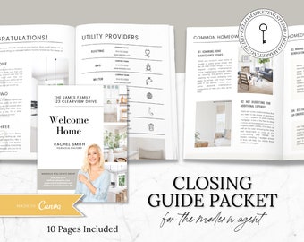 May include: A closing guide packet for real estate agents with a welcome home message, a key icon, and the text "Made in Canva". The packet includes 10 pages and is designed for the modern agent.