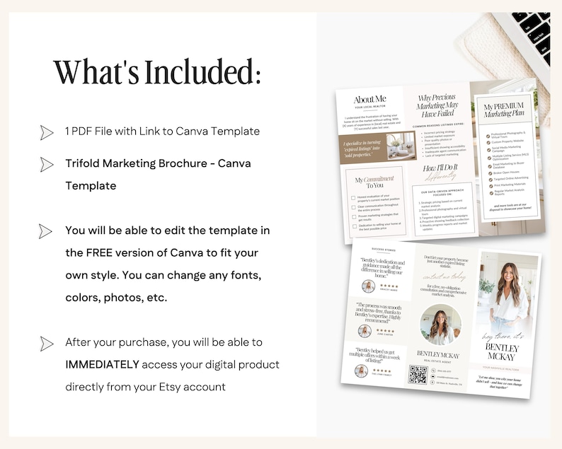May include: A digital marketing brochure template for Canva. The brochure is tri-fold and features a neutral color scheme with brown and white accents. The text on the brochure includes "About Me", "Why Previous Marketing May Have Failed", "How I'll Do It", and "My Premium Marketing Plan".