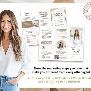 May include: A woman in a white shirt and blue jeans stands in front of a white background. She is holding a stack of brochures with the text "About Me", "Why Previous Marketing May Have Failed", "My Premium Marketing Plan", "My Commitment To You", "Bentley McKay", and "Say Bye It's Bentley McKay". The brochures feature testimonials and a QR code. The text "Show the marketing steps you take that make you different from every other agent" and "BE THE AGENT WHO STANDS OUT WHEN OTHER AGENTS DO THE BARE MINIMUM" is printed below the brochures.
