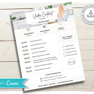 May include: A black and white checklist for a real estate closing with the title "Under Contract" and the address "123 Main Street". The checklist includes dates, tasks, and a section for closing information. The checklist also includes a section titled "What to Bring to Closing" with a list of items to bring to the closing.