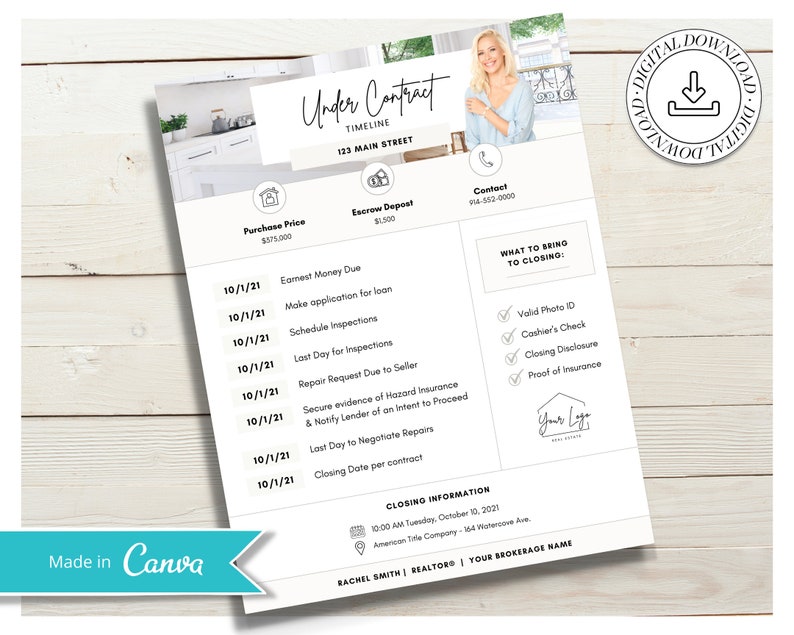 May include: A black and white checklist for a real estate closing with the title "Under Contract" and the address "123 Main Street". The checklist includes dates, tasks, and a section for closing information. The checklist also includes a section titled "What to Bring to Closing" with a list of items to bring to the closing.