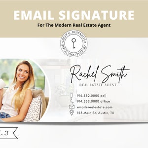 May include: Email signature template for a real estate agent. The template features a photo of a woman holding a coffee cup, a key icon, and contact information for Rachel Smith, Real Estate Agent. The text "VOL. 3" is in the bottom left corner.