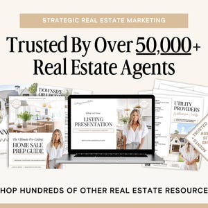 May include: An advertisement for real estate marketing resources. The image features a laptop displaying a listing presentation, surrounded by printed guides and documents. Text reads "Trusted By Over 50,000+ Real Estate Agents."
