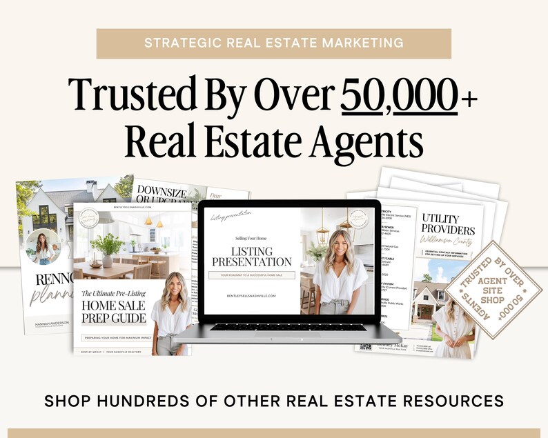 May include: An advertisement for real estate marketing resources. The image features a laptop displaying a listing presentation, surrounded by printed guides and documents. Text reads "Trusted By Over 50,000+ Real Estate Agents."