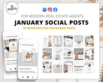 Op de afbeelding: Een collage van 30 Instagram-posttemplates voor makelaars. De templates bevatten verschillende ontwerpen, waaronder foto's van huizen, tekst en afbeeldingen. De templates zijn ontworpen om makelaars te helpen hun diensten te promoten en contact te maken met potentiële klanten.