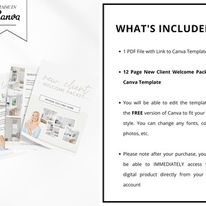 May include: A digital product listing for a 12-page New Client Welcome Packet Canva template. The template is designed to help real estate agents welcome new clients. The listing includes a PDF file with a link to the Canva templates. The text on the image reads "WHAT'S INCLUDED:" and lists the features of the product.
