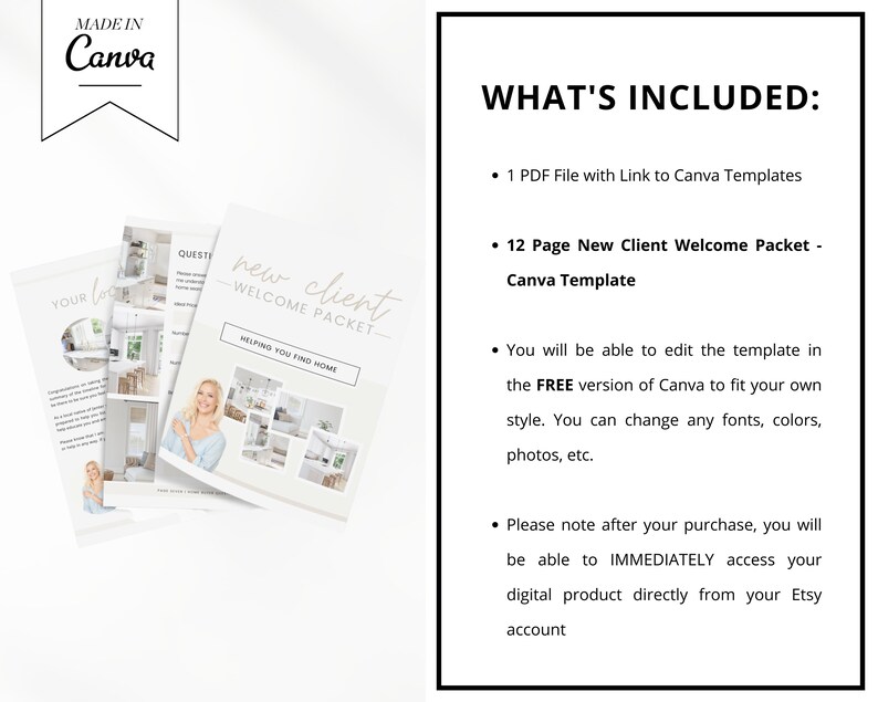 May include: A digital product listing for a 12-page New Client Welcome Packet Canva template. The template is designed to help real estate agents welcome new clients. The listing includes a PDF file with a link to the Canva templates. The text on the image reads "WHAT'S INCLUDED:" and lists the features of the product.