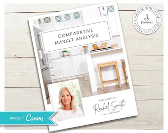 May include: A digital download for a comparative market analysis report. The report is presented by Rachel Smith, a real estate agent. The image shows a kitchen with white cabinets and a wooden floor. The report is made with Canva.