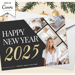 Cartão postal imobiliário de feliz ano novo | Cartão de ano novo empresarial | Modelo imobiliário Canva | Fazenda de férias | Cartão imobiliário 2025 | Canva