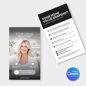 Könnte beinhalten: Digitalgrafik mit einem Telefonbildschirm mit dem Text "YOUR LOCAL REALTOR®" und einer lächelnden Frau. Daneben ein schwarz-weißes Dokument mit dem Titel "YOUR HOME VALUE SNAPSHOT" mit Kontaktdaten und einem Canva-Logo.