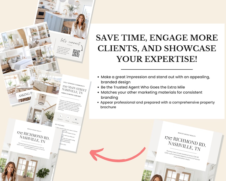 May include: A real estate agent's marketing brochure with a white background and a pink arrow. The brochure features a photo of a house and the text "1797 Richmond Rd. Nashville, TN". The brochure also includes a list of benefits of using a real estate agent, such as "Make a great impression and stand out with an appealing, branded design" and "Be the Trusted Agent Who Goes the Extra Mile".