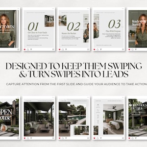 The image is a collage of various images related to real estate, including a woman posing in front of a house, a house interior, and a pool. The collage is designed to guide the viewer's attention to the first slide, which is titled "How to Win the Game of Real Estate".