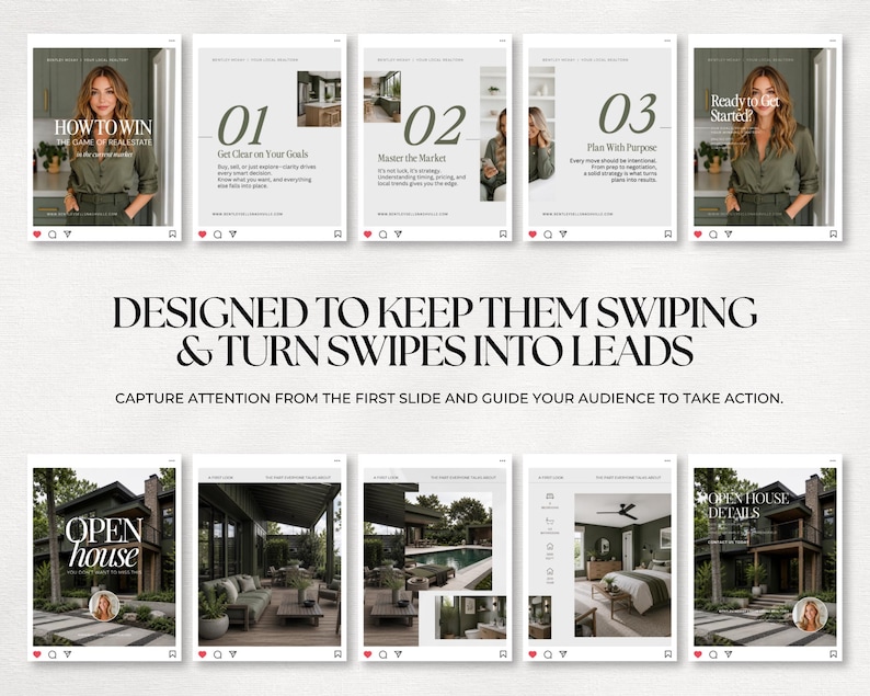 The image is a collage of various images related to real estate, including a woman posing in front of a house, a house interior, and a pool. The collage is designed to guide the viewer's attention to the first slide, which is titled "How to Win the Game of Real Estate".