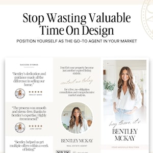 May include: A white and gold design template for real estate agents. The template features a photo of a woman with the text "Hey there, it's Bentley McKay, Your Nashville Realtors."  The template also includes testimonials from clients and a call to action to contact the agent.