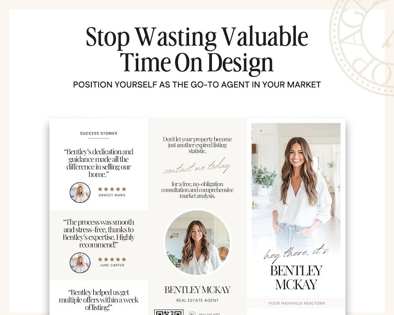 May include: A white and gold design template for real estate agents. The template features a photo of a woman with the text "Hey there, it's Bentley McKay, Your Nashville Realtors."  The template also includes testimonials from clients and a call to action to contact the agent.