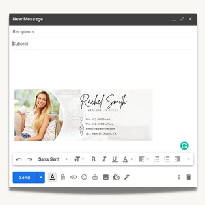 May include: A white email with a signature at the bottom. The signature includes a photo of a woman holding a cup, a handwritten name "Rachel Smith", the text "REAL ESTATE AGENT", phone numbers, an email address, and a physical address. The email has a "Send" button and a toolbar with formatting options.