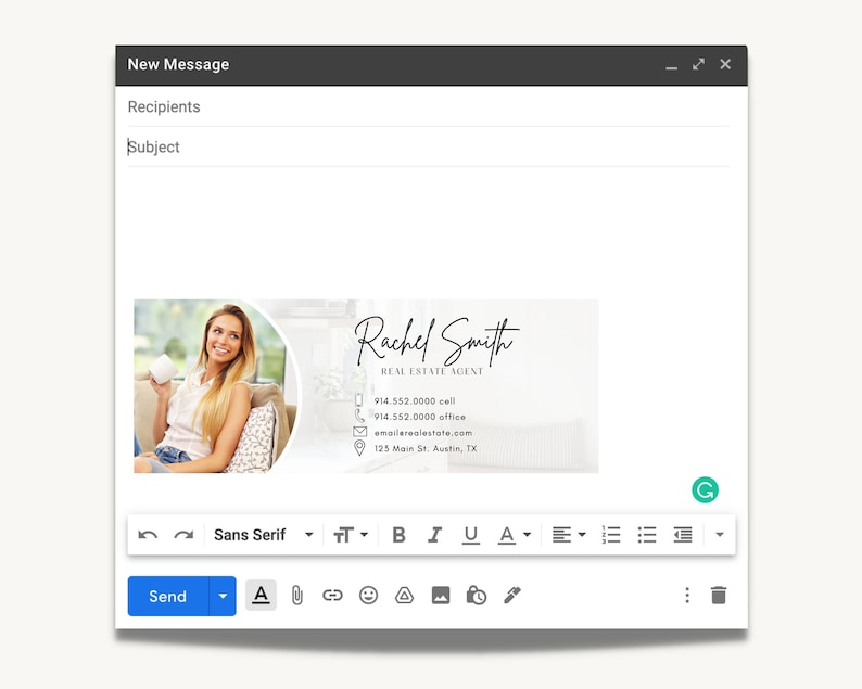 May include: A white email with a signature at the bottom. The signature includes a photo of a woman holding a cup, a handwritten name "Rachel Smith", the text "REAL ESTATE AGENT", phone numbers, an email address, and a physical address. The email has a "Send" button and a toolbar with formatting options.