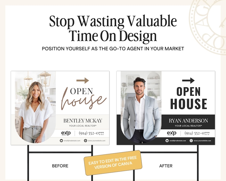 May include: Real estate open house sign templates with the text "Stop Wasting Valuable Time On Design". The signs feature photos of a woman and a man, with the words "Open House" and realtor contact information.