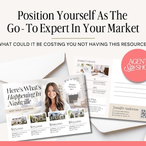 May include: A promotional image featuring real estate marketing materials. The image includes postcards, envelopes, and a flyer with the text "Here's What's Happening In Nashville." The materials showcase sold listings and market updates.