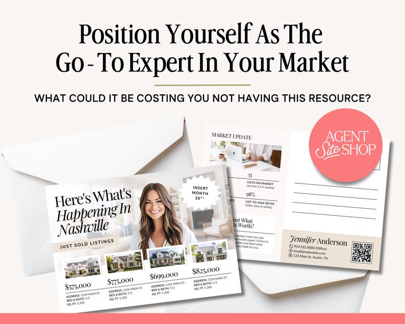 May include: A promotional image featuring real estate marketing materials. The image includes postcards, envelopes, and a flyer with the text "Here's What's Happening In Nashville." The materials showcase sold listings and market updates.