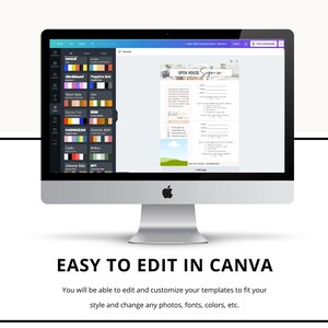 May include: A computer screen displaying a Canva design template for an open house sign. The template features a light blue background with a white cloud and green grass. The text "OPEN HOUSE" is in a black font and the text "Signoria" is in a brown font. The text "Easy to edit in Canva" is displayed below the computer screen.