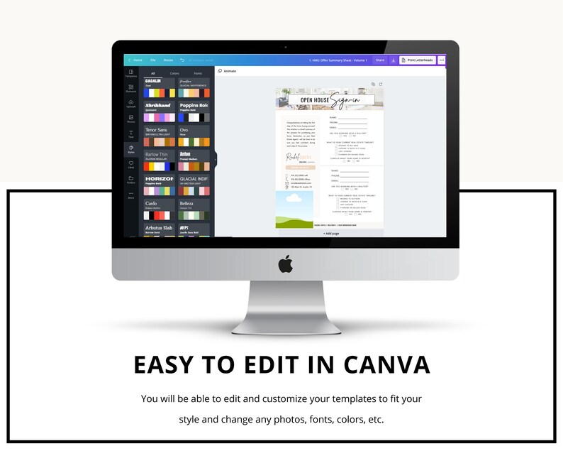 May include: A computer screen displaying a Canva design template for an open house sign. The template features a light blue background with a white cloud and green grass. The text "OPEN HOUSE" is in a black font and the text "Signoria" is in a brown font. The text "Easy to edit in Canva" is displayed below the computer screen.