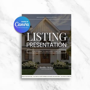 May include: A listing presentation template featuring a photograph of a white house with a brown door and white flowers. The text on the presentation reads "LISTING PRESENTATION" and "YOUR ROADMAP TO A SUCCESSFUL HOME SALE". A blue circle with "MADE IN Canva INSTANT DOWNLOAD" is in the upper left corner.