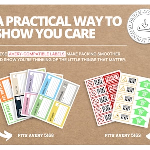 May include: A collection of Avery-compatible labels for organizing and packing. The labels include options for pet supplies, pantry, bedroom, dining room, kitchen, and storage. Also included are red "Fragile" and "Do Not Stack" labels, and green "This Side Up" labels.