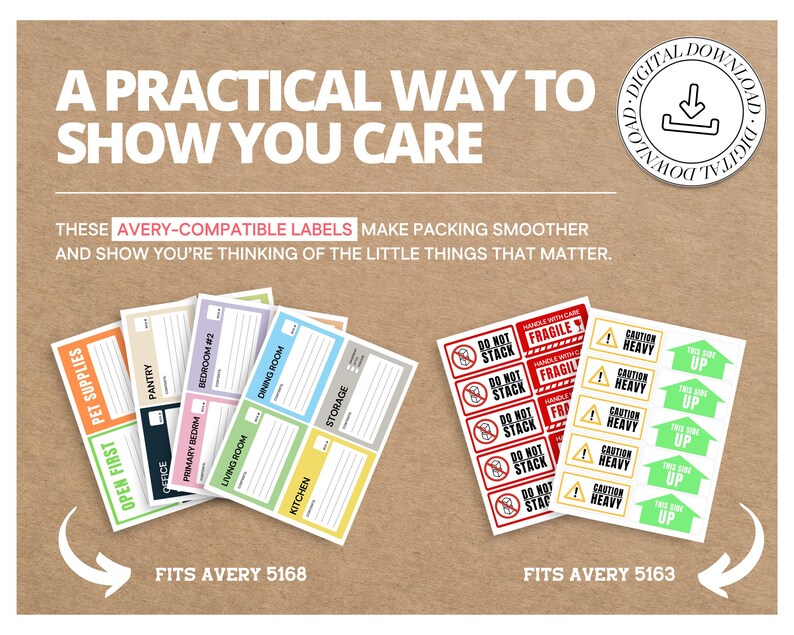 May include: A collection of Avery-compatible labels for organizing and packing. The labels include options for pet supplies, pantry, bedroom, dining room, kitchen, and storage. Also included are red "Fragile" and "Do Not Stack" labels, and green "This Side Up" labels.