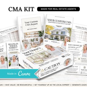 May include: A CMA Kit for real estate agents, comprising printed materials. The kit includes reports, brochures, and marketing materials with the text "CMA KIT" and "Made for Real Estate Agents". The design incorporates images of a woman and a house.
