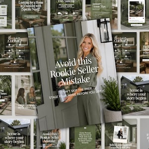 May include: A collage of social media graphics featuring real estate content. The central image shows a person in an olive green shirt standing by a dark green door, with the text "Avoid this Rookie Seller Mistake" and "DON'T SKIP THE PREP, STAGE YOUR HOME BEFORE YOU LIST IT."