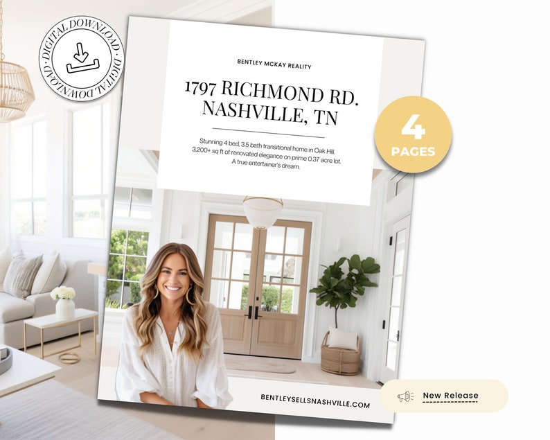 May include: A white and brown transitional home with a large front door and a large ficus tree in a pot. The home is located at 1797 Richmond Rd, Nashville, TN. The text "4 Pages" is in a yellow circle. The text "New Release" is in a white rectangle with a megaphone icon. The text "BENTLEYSELLSNASHVILLE.COM" is at the bottom of the image.