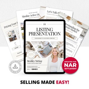 Könnte beinhalten: Eine digitale Präsentation auf einem Tablet, umgeben von gedruckten Seiten. Die Präsentation zeigt ein Foto eines Wohnraums, den Text "Listing Presentation" und die Kontaktdaten des Maklers. Ein roter Kreis zeigt "Updated for NAR Settlement."
