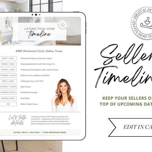 Seller Listing Timeline of Events | Seller Packet | Seller Flyer | Real Estate Marketing Material | Modern Marketing | Canva Template