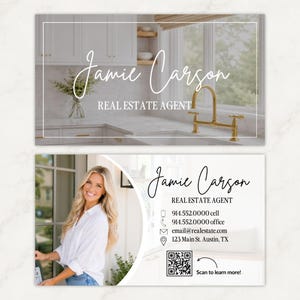May include: A rectangular business card for a real estate agent named Jamie Carson. The front features a kitchen interior with the name and title. The back displays a portrait, contact details, a QR code with the text Scan to learn more.
