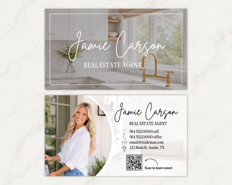 May include: A rectangular business card for a real estate agent named Jamie Carson. The front features a kitchen interior with the name and title. The back displays a portrait, contact details, a QR code with the text Scan to learn more.