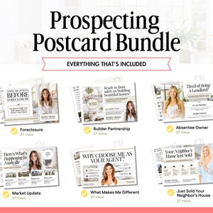 May include: A prospecting postcard bundle with the text "Prospecting Postcard Bundle" and "Everything That's Included". The bundle includes postcards about foreclosure, builder partnerships, absentee owners, market updates, and more.