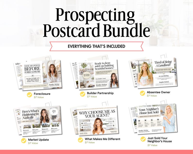 May include: A prospecting postcard bundle with the text "Prospecting Postcard Bundle" and "Everything That's Included". The bundle includes postcards about foreclosure, builder partnerships, absentee owners, market updates, and more.