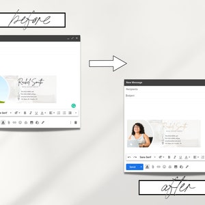 May include: A screenshot of an email with a business card signature. The signature includes a photo of a woman, the text "Rachel Smith", and contact information. The signature is on a white background with a marble pattern.