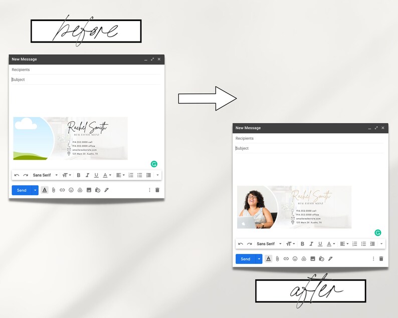 May include: A screenshot of an email with a business card signature. The signature includes a photo of a woman, the text "Rachel Smith", and contact information. The signature is on a white background with a marble pattern.