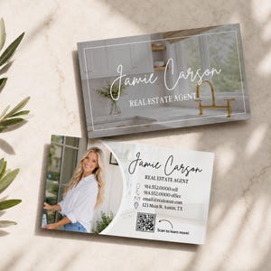 May include: Two rectangular business cards for a real estate agent named Jamie Carson. One card features a kitchen interior photo with the name in script. The other card includes a portrait, contact details, a QR code, and the text Scan to learn more!
