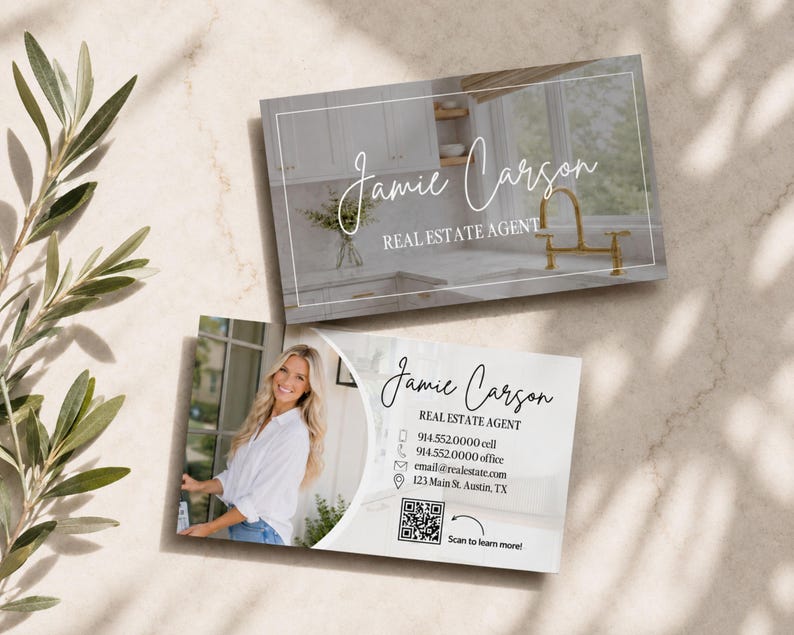 May include: Two rectangular business cards for a real estate agent named Jamie Carson. One card features a kitchen interior photo with the name in script. The other card includes a portrait, contact details, a QR code, and the text Scan to learn more!