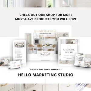 May include: A collection of modern real estate marketing templates, including a "Selling Your Home" guide, a "New Home Binder", and a business card. The templates feature a white background with black text and a photo of a kitchen.