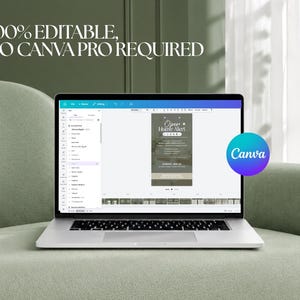 a laptop with a 100% editable, no canvas pro required interface, as indicated by the text overlay. The laptop is placed on a green couch, and there is a Canva logo visible in the bottom right corner.