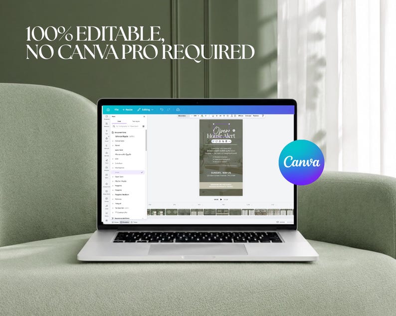 a laptop with a 100% editable, no canvas pro required interface, as indicated by the text overlay. The laptop is placed on a green couch, and there is a Canva logo visible in the bottom right corner.